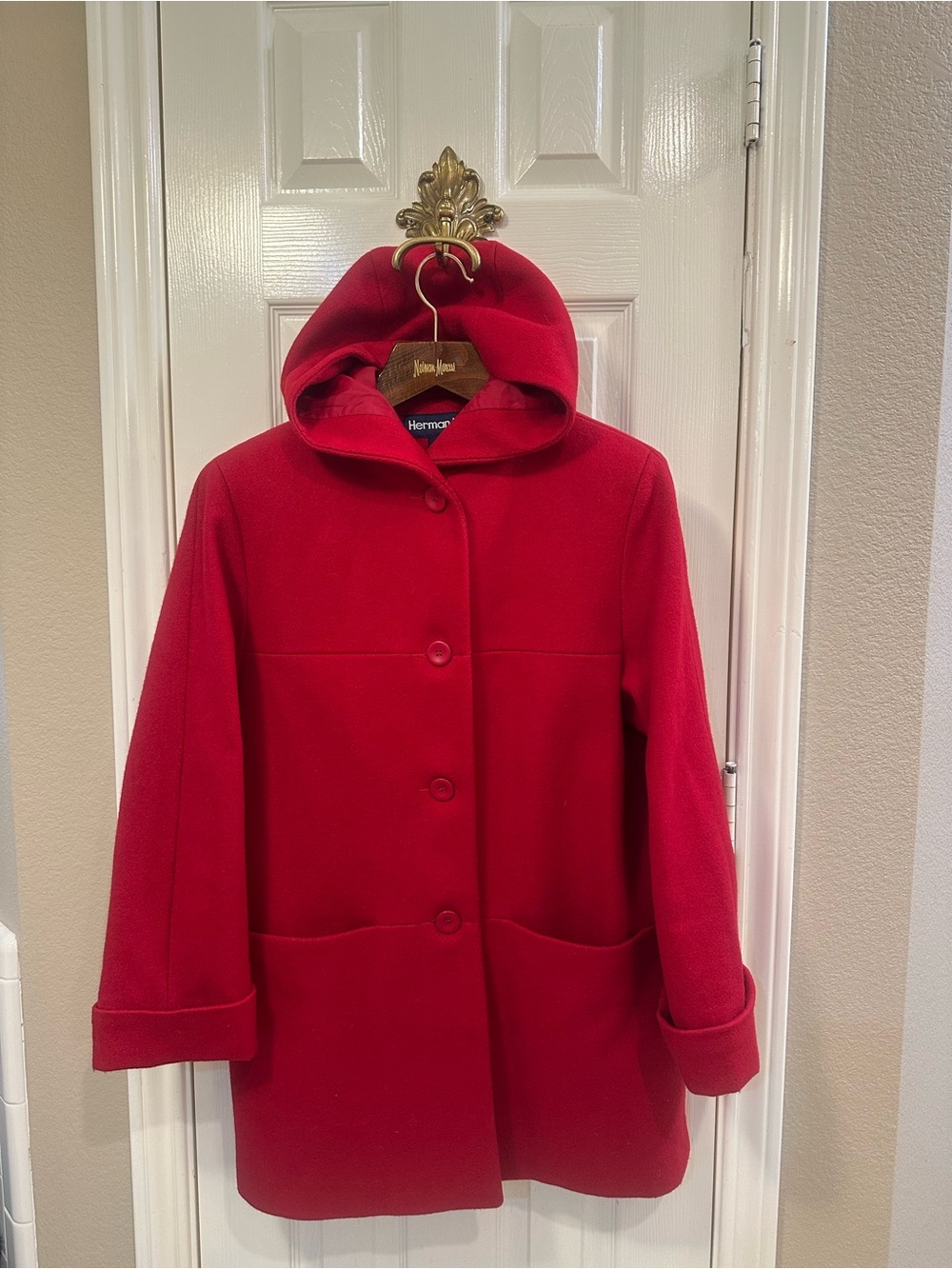 Vintage Herman Kay Red Wool Blend Hooded Front Button Coat Medium Above Knee